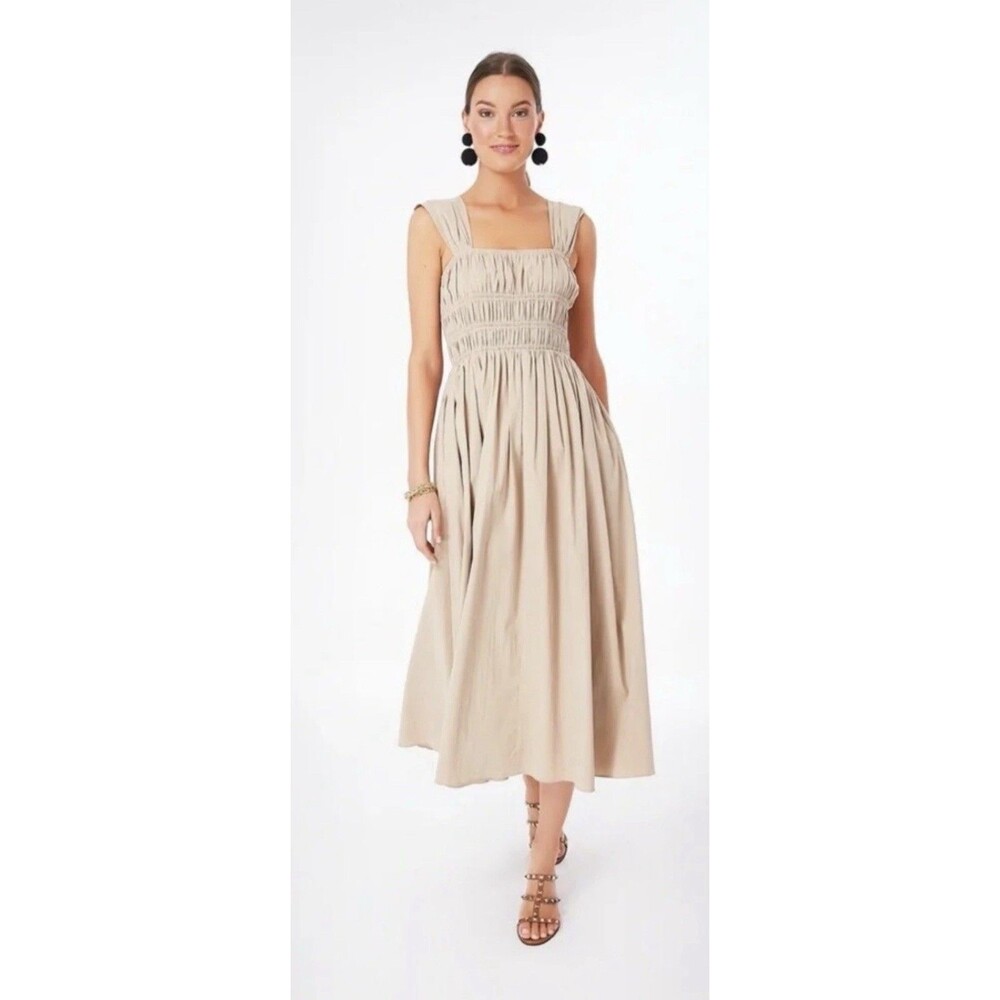 Pomander Place by Tuckernuck Biscotti Tan Noah Smocked Midi Dress Large Cotton